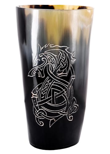 Battle-Merchant - Hochwertiger Wikinger Trinkbecher aus Horn mit Fenrir Motiv - Hornkrug Graviert - Mittelalterlicher Met-Krug bis zu 250 ml von Battle-Merchant