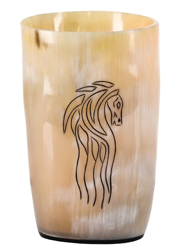 Battle-Merchant - Hochwertiger Wikinger Trinkbecher aus Horn mit Pferdekopf Motiv - Hornkrug Graviert - Mittelalterlicher Met-Krug bis zu 250 ml von Battle-Merchant