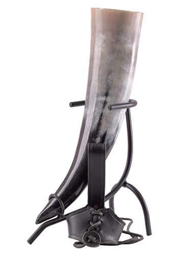 Battle-Merchant Trinkhorn Set 3-teilig mit Trinkhornhalter aus Leder und Trinkhornständer aus handgeschmiedetem Stahl | Mittelalter Wikinger (250ml) von Battle-Merchant