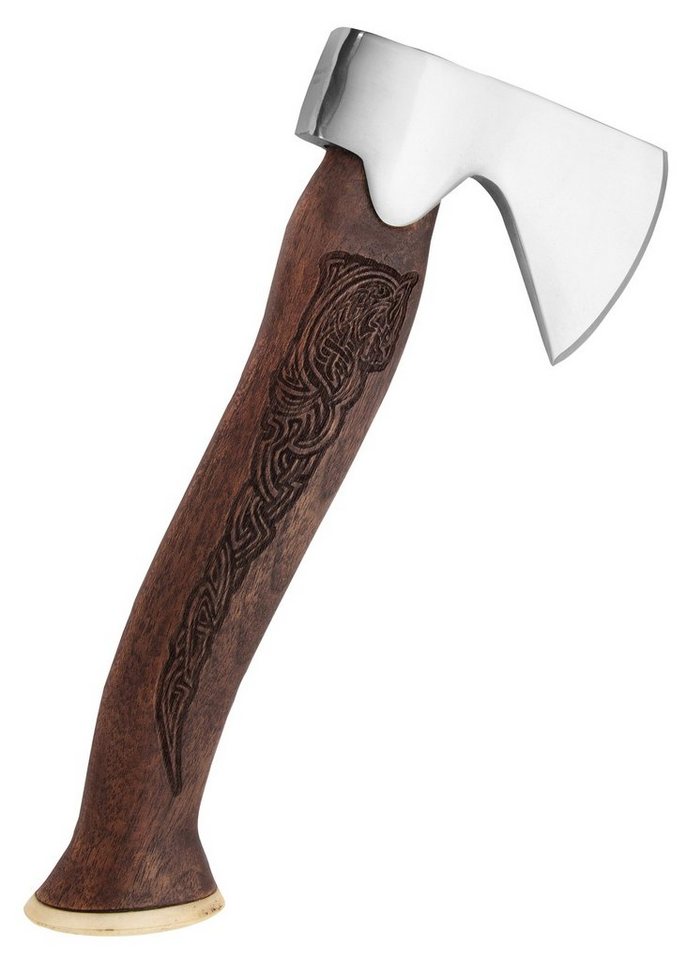Battle Merchant Universalaxt Wikinger Jagdbeil mit verziertem Holz Griff in Braun, 305 g von Battle Merchant
