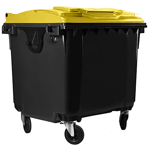 Bauer Müllcontainer mit 4 Rädern mit Flachdeckel, Deckel im Deckel, Müllgroßbehälter, Abfalltonne, Mülltonne, Volumen: 1 100 Liter, Grau/Gelb, Größe: 1 344 x 1 370 x 1 070 mm von Bauer
