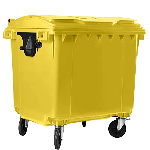 Bauer Müllcontainer mit 4 Rädern mit Flachdeckel, Müllgroßbehälter, Abfalltonne, Mülltonne, Volumen: 1 100 Liter, Farbe: Gelb, Größe: 1 344 x 1 370 x 1 070 mm von Bauer