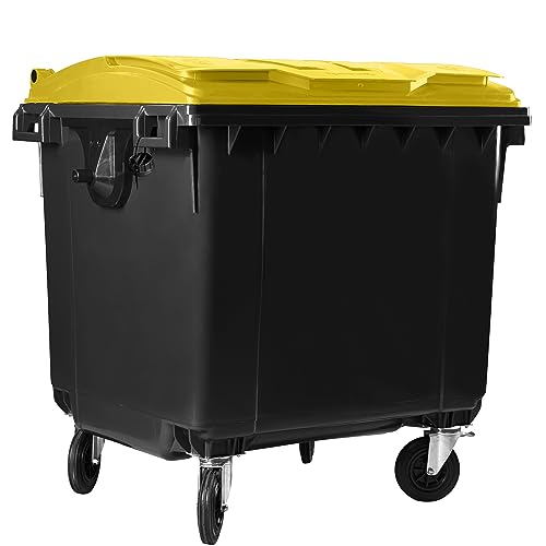 Bauer Müllcontainer mit 4 Rädern mit Flachdeckel, Müllgroßbehälter, Abfalltonne, Mülltonne, Volumen: 1 100 Liter, Farbe: Grau/Gelb, Größe: 1 344 x 1 370 x 1 070 mm von Bauer