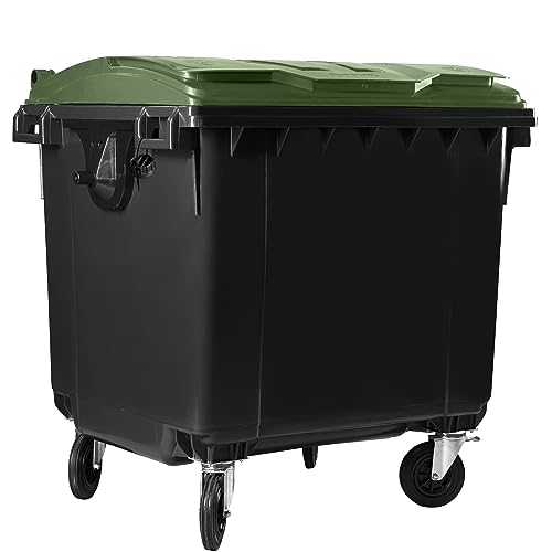 Bauer Müllcontainer mit 4 Rädern mit Flachdeckel, Müllgroßbehälter, Abfalltonne, Mülltonne, Volumen: 1 100 Liter, Farbe: Grau/Grün, Größe: 1 344 x 1 370 x 1 070 mm von Bauer