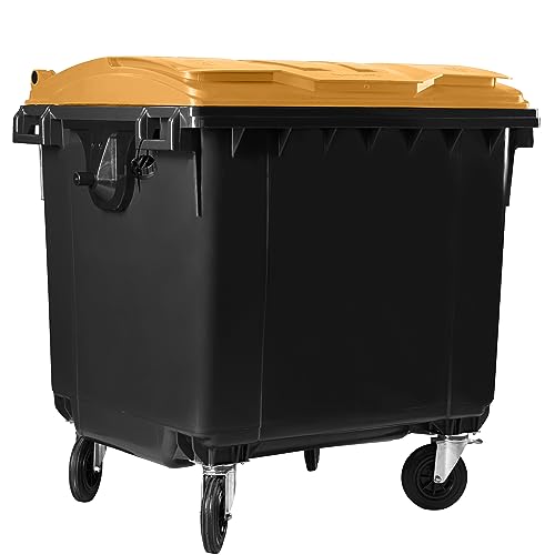 Bauer Müllcontainer mit 4 Rädern mit Flachdeckel, Müllgroßbehälter, Abfalltonne, Mülltonne, Volumen: 1 100 Liter, Farbe: Grau/Orange, Größe: 1 344 x 1 370 x 1 070 mm von Bauer