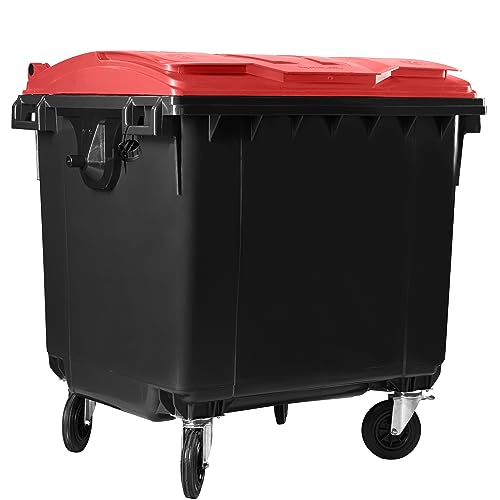 Bauer Müllcontainer mit 4 Rädern mit Flachdeckel, Müllgroßbehälter, Abfalltonne, Mülltonne, Volumen: 1 100 Liter, Farbe: Grau/Rot, Größe: 1 344 x 1 370 x 1 070 mm von Bauer