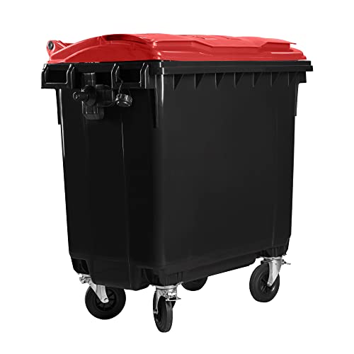 Bauer Müllcontainer mit 4 Rädern mit Flachdeckel, Müllgroßbehälter, Abfalltonne, Mülltonne, Volumen: 660 Liter, Farbe: Grau/Rot, Größe: 1 228 x 1 370 x 778 mm von Bauer