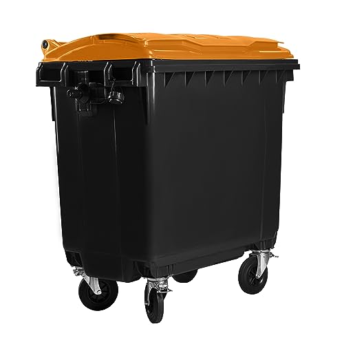 Bauer Müllcontainer mit 4 Rädern mit Flachdeckel, Müllgroßbehälter, Abfalltonne, Mülltonne, Volumen: 770 Liter, Farbe: Grau/Orange, Größe: 1 365 x 1 370 x 778 mm von Bauer