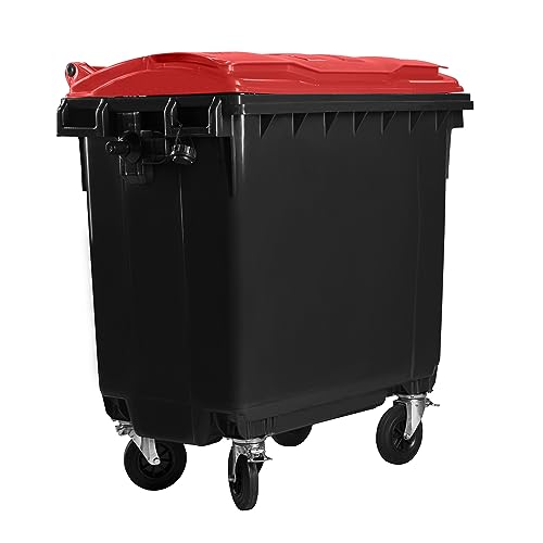 Bauer Müllcontainer mit 4 Rädern mit Flachdeckel, Müllgroßbehälter, Abfalltonne, Mülltonne, Volumen: 770 Liter, Farbe: Grau/Rot, Größe: 1 365 x 1 370 x 778 mm von Bauer