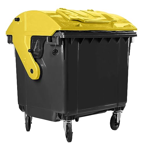 Bauer Müllcontainer mit 4 Rädern mit Runddeckel, Deckel im Deckel, Müllgroßbehälter, Abfalltonne, Mülltonne, Volumen: 1 100 Liter, Farbe: Grau/Gelb, Größe: 1 461 x 1 370 x 1 070 mm von Bauer