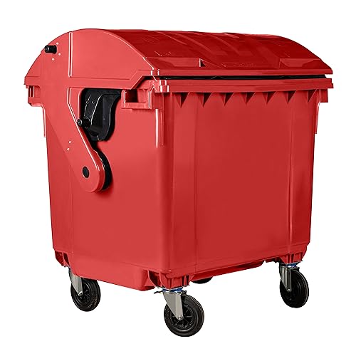 Bauer Müllcontainer mit 4 Rädern mit Runddeckel, Müllgroßbehälter, Abfalltonne, Mülltonne, Volumen: 1 100 Liter, Farbe: Rot, Größe: 1 461 x 1 370 x 1 070 mm von Bauer