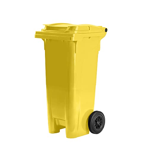 Bauer Mülltonne mit 2 Rädern und Deckel, Müllgroßbehälter, Abfalltonne, Mülleimer, Volumen: 80 Liter, Farbe: Gelb, Größe: 935 x 445 x 522 mm von Bauer