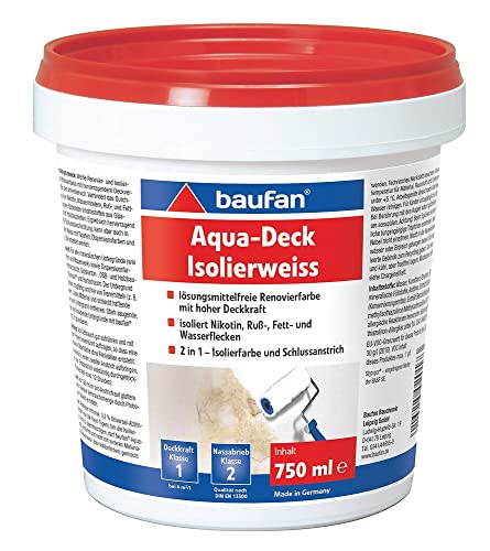 Baufan Renovierfarbe Aqua-Deck weiß 750 ml | lösungsmittelfrei | hohe Deckkraft | für innen | Glanzgrad stumpfmatt | 2 in 1 Isolierfarbe und Schlussanstrich von Baufan