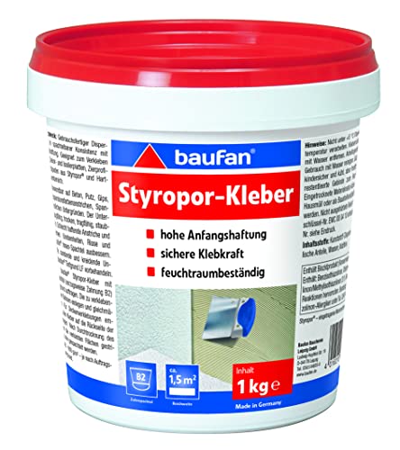 Baufan Styroporkleber - 1kg I Monatgekleber für Decken- & Isolierplatten, Zierprofile & Untertapeten I starkhaftender Styropor Kleber für innen von Baufan