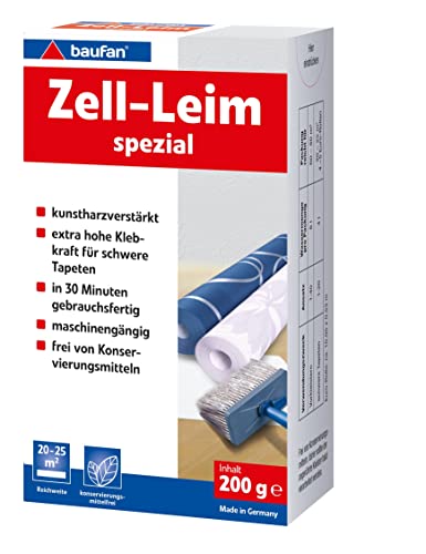 Baufan Zell-Leim spezial - 200g I Kunstharzverstärkter Spezial Tapetenkleister mit extra hoher Klebkraft für schwere Tapeten I Tapetenleim 20 - 25 m2 von Baufan