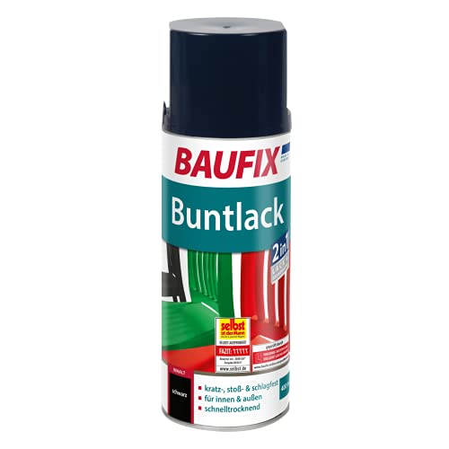 BAUFIX Buntlack Spray schwarz, 400ml, glänzend, Buntlack Sprühdose für außen und innen, kratzfest, stoßfest, schlagfest, schnelltrocknend von Baufix