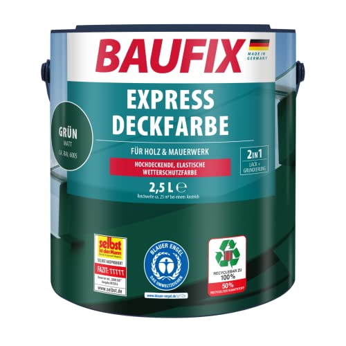Baufix Express Deckfarbe grün, matt, 2.5 Liter, Wetterschutzfarbe, Holzfarbe, langlebig, geeignet für Holz/Putz/Mauerwerk/Möbel/Zäune von Baufix