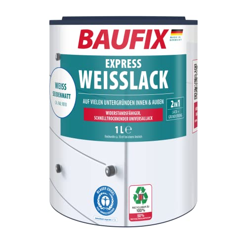 BAUFIX Express Weißlack, seidenmatt, 1 Liter, Lackfarbe, Holzlack weiß für innen und außen, schnelltrocknend, für Holz/Mauerwerk/Beton von Baufix