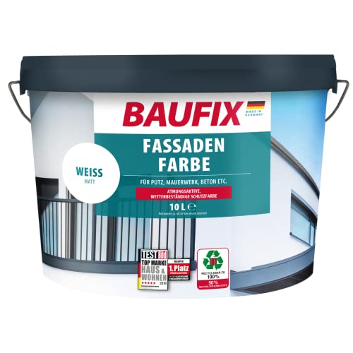 BAUFIX Fassaden-Farbe weiss, matt, 10 Liter, Außenwand Farbe, atmungsaktive Wandfarbe außen, wasserabweisend, wetterbeständig, mit Langzeitschutz von Baufix