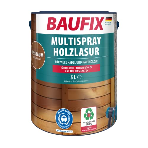BAUFIX Multispray Holzlasur nussbaum, seidenglänzend, 5 Liter, Holzlasur, zum Sprühen für alle Nadel- und Harthölzer, für Elektro- und Becherpistolen von Baufix