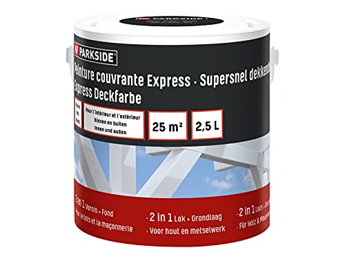 Baufix PARKSIDE Express Deckfarbe, Wetterschutzfarbe weiß, 2.5 Liter, wetterbeständige Deckfarbe für außen und innen, geeignet für Holz, Putz, Mauerwerk, Möbel, Zäune, schnelle Trocknung von Baufix