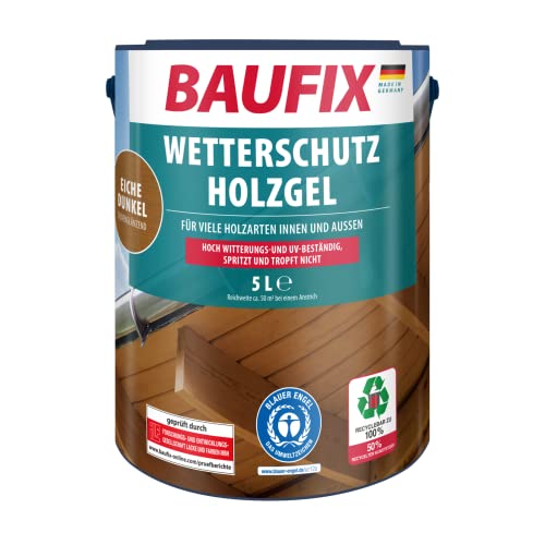 Baufix Wetterschutz-Holzgel eiche dunkel, seidenglänzend, 5 Liter, Holzlasur, tropfgehemmte Holzlasur, für alle Holzarten, witterungsbeständig von Baufix