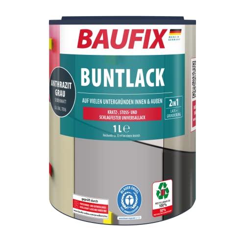 Baufix Buntlack anthrazit, seidenmatt, 1 Liter, Lackfarbe, wasserverdünnbar, für innen & außen, geeignet für Holz/Zink/Beton/Eisen/Mauerwerk von Baufix