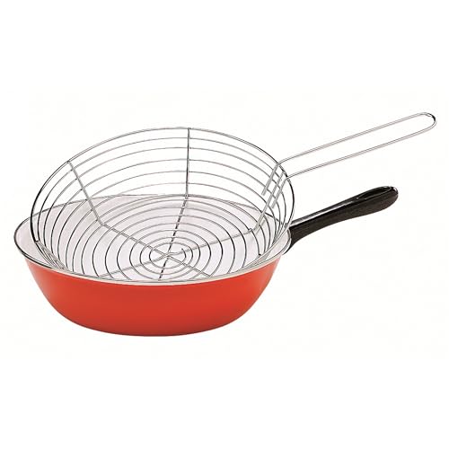 Baumalu, Bratpfanne aus Emaille, 26 cm, Rot, emaillierter Stahl mit Korb aus Edelstahl, Induktionsgeeignet, ideal zum Frittieren und für gesundes Kochen, Elegantes Design von Baumalu