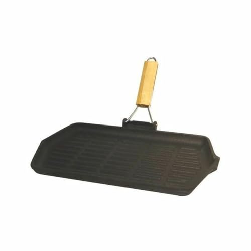 Baumalu - Rechteckige Grillpfanne aus Gusseisen 33,5 cm x 19,5 cm, mit klappbarem Holzgriff, Schwarz, für alle Herdarten und Induktion, ideal für Grill und Küche von Baumalu