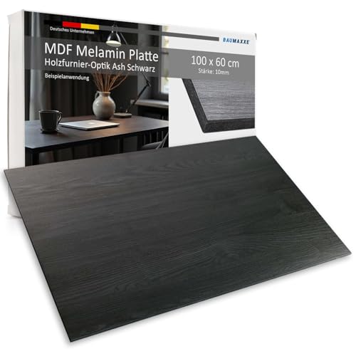 Baumaxxe Tischplatte I 100 x 60 cm I rechteckig I Stärke: 10 mm I schwarz Ash I MDF Platte Melaminbeschichtung beidseitig I DIY-Projekte I bm336 von Baumaxxe