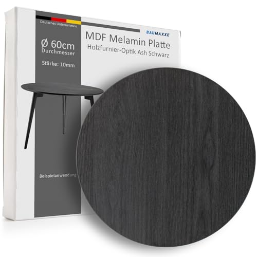 Baumaxxe Tischplatte I 60 cm I rund I Stärke: 10 mm I schwarz Ash I MDF Platte Melaminbeschichtung beidseitig I DIY-Projekte I bm335 von Baumaxxe