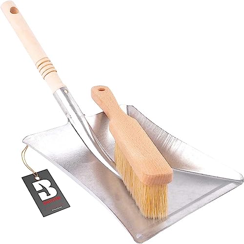 BAUSTER® Besen mit Kehrschaufel Set Handbesen Schaufel Kehrgarnitur Kehrblech und handfeger Metall Verzinkt Handfeger und Schaufel kaminbesen verzinkte Kehrschaufel mit Holzgriff Robust von Bauster