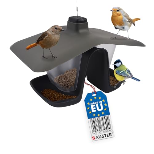 BAUSTER® Vogelhaus Futterhaus Futterhäuschen Vogel zum Aufhängen und Stecken Vogelfutterhaus Vogelfutterhaus mit Futtersilo Getreidesilo Robust Kunstoff Frostbeständig (Zweikammer Vogelfutterhous) von Bauster