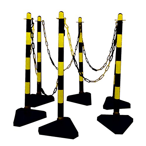 Absperrpfosten Set Ø 40 aus Kunststoff gelb mit schwarzen Warnstreifen, Höhe ca. 900 mm - Aufstelllänge: ca. 10 m - mit Beton gefüllten dreieckigen Standfüßen von Bauzaunwelt
