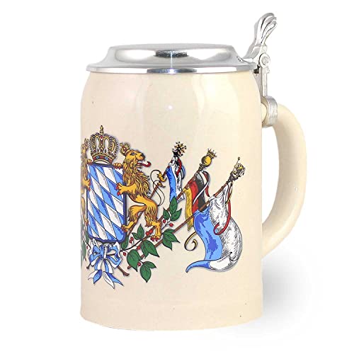 Bavariashop Steinkrug Bayern Incl. Zinndeckel, 0,5 Liter, Grau, Wappen Freistaates Bayern, Löwe, Krone, Maßkrug, Bierkrug von Bavariashop