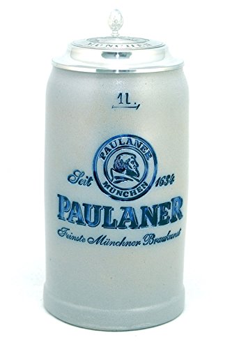 Bavariashop Steinkrug Paulaner salzglasiert mit Zinndeckel - 1,0 Liter - salzglasierter Keferloher Bierkrug von Bavariashop