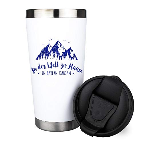 Bavariashop Thermo-Becher "In Bayern dahoam...", Kaffee Isolierbecher im bayerischen Design, 420 ml, Bruchfest, bis zu 8 Stunden heiß oder kalt von Bavariashop
