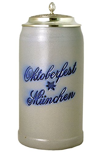 Bavariashop Steinkrug mit Deckel Oktoberfest München Salzglasur - 1,0 Liter, Sammelkrug, Bierkrug, Wiesnkrug mit Zinndeckel von Bavariashop