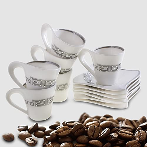 Bavary 12 TLG Medusa Kaffeeservice mit Silber schliff Kaffeetassen für 6 Personen 6 Tassen + 6 Untertassen Weiß-Gold Genießen Servieren Kaffee von Bavary