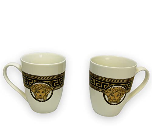 Bavary 2x Kaffeetassen Kaffeegläser für 2 Personen Cappuccino Tassen 2x Goldene Löffel aus Porzellan Kaffeeservice Kaffeezeit Tassen Kaffeebecher Medusa Mäander Versac Style Vintage Art Deco von Bavary