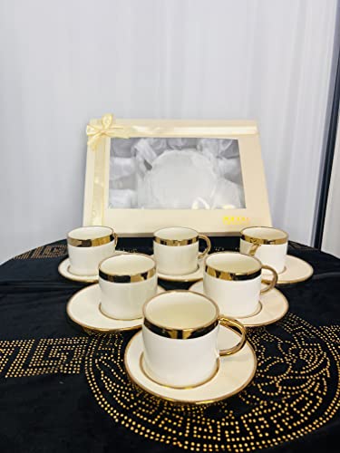 Service Kaffee Gedeck für 6 Personen Service Tassen Geschirr Set Tafel Porzellan EDEL Goldschliff Kaffeetassen für 6 Personen 6 Tassen + 6 Untertassen Weiß-Gold Genießen Servieren Kaffee von Bavary