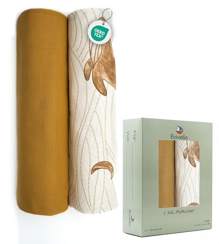 Bavella - 2er Set XXL Musselin Baby Decke & Tuch (ÖKO-TEX Zertifiziert) 100% Baumwolle (120x120cm) - Spuck-Tücher, Pucktuch, Musselin-Tuch für Jungen & Mädchen, Mulltücher Mullwindeln nachhaltig von Bavella