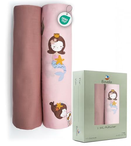 Bavella - 2er Set XXL Musselin Baby Decke & Tuch (ÖKO-TEX Zertifiziert) 100% Baumwolle (120x120cm) - Spuck-Tücher, Pucktuch & Musselin-Tuch für Jungen & Mädchen, Mulltücher Mullwindeln nachhaltig von Bavella
