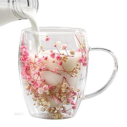 350ml Kaffeetasse Mit Trockenblumen - Glas-Kaffeetassen Mit Griff | Neuartige Doppelwandige Glasbecher Tasse Mit Trockenen Blumen | Blumen Doppelschicht Glasbecher,Kaffee Saft Griff Tasse Gläser von Bavokon