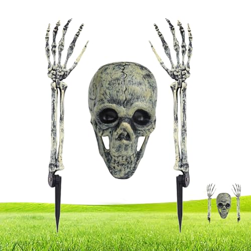 Bavokon Garten Skelett,Halloween Friedhofsdekoration - 3-teiliger Totenkopf Pflock für Rasen Gartentür Weg Gruselhaus Dekoration von Bavokon