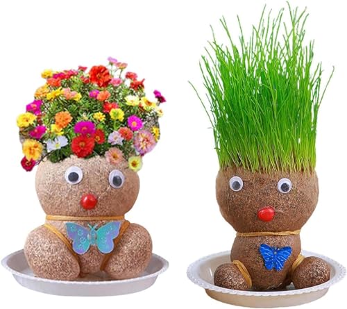 Blumenkopf Graskopf PuppenPflanze - 1/2pcs Bonsai Gras Kopf Figurm,Züchten Sie Ihre Eigene Pflanze,Desktop Grünpflanzen Bonsai Töpfe,Graskopf Puppe Kleine Topfpflanze Für Kinder Herren Damen von Bavokon