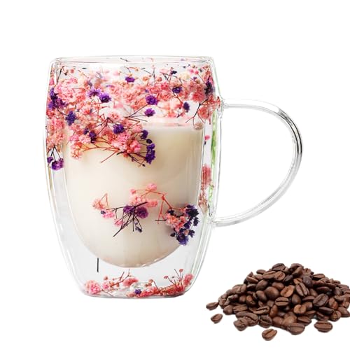 Doppelwandige Glasbecher Tasse Mit Trockenen Blumen - Dekorative Und Kreative Blumentasse | Kaffeetassen Aus Glas Mit Hen-kel - Blumen Doppelschicht Glasbecher,Isolierte Kaffeetassen Aus Glas von Bavokon