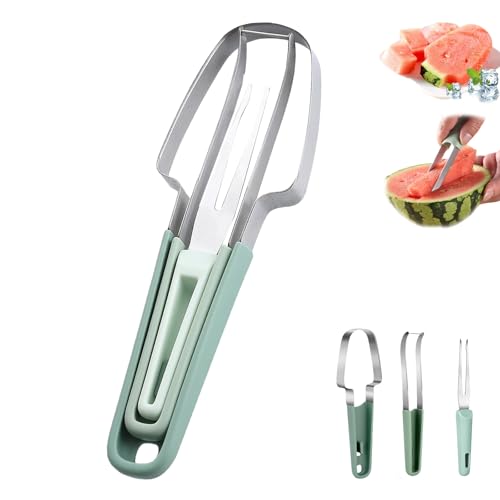 3-in-1 Obstschneider aus Edelstahl,Wassermelonengabel-Schneidewerkzeug,Sommer Melonenschneider Edelstahl,Wassermelonen Obstschneider mit Rundem Griff,Geeignet für Hauspartys,Hotels und Camping von Bavooty