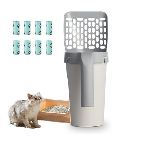 Katzenklo Schaufel 2 in 1,Streuschaufel mit Behälter,Schmutzfreie Katzenstreuschaufel 2 in 1,Abnehmbar Schaufel ​für Katzenstreu mit 8 Rollen Abfallsäcken für Entfernen von Klumpender Katzenstreu von Bavooty