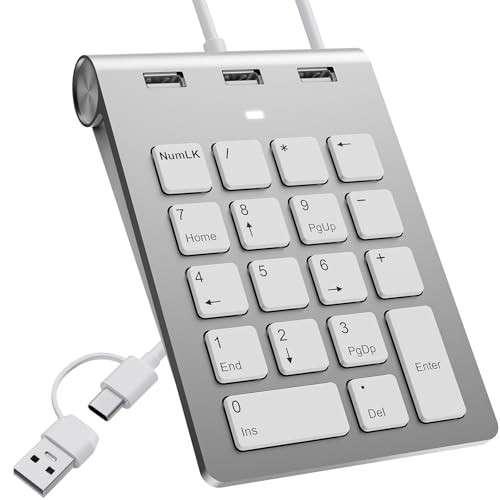 Bawanfa Plus USB C/USB A Numeric Keypad Wired, Ziffernblock Ergonomischer Mini Nummernblock mit 3 USB 2.0 Ports, 18 Tasten Numpad, Office Rechen Nummernblöcke für Laptop, Desktop, Notebook, PC von Bawanfa Plus